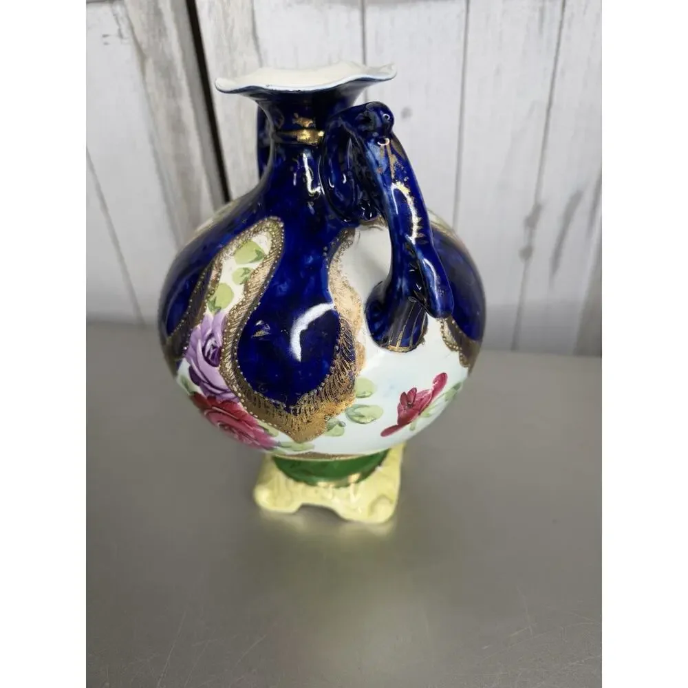 Antique Nippon Hand Paint Cobalt Blue Gold Rose Porcelain Handled Vase Urn